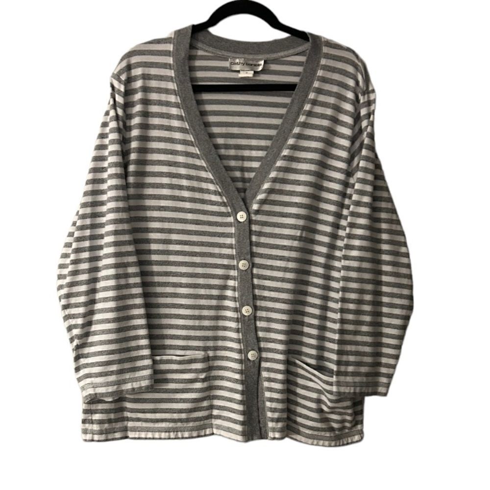 Cathy Daniels Gray Stripe Button Down V-Neck Knit Top Size 1X